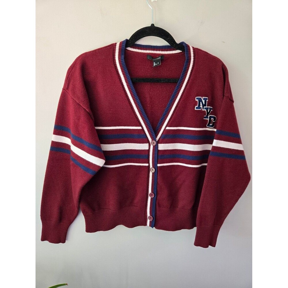​Forever 21 NYC Knit Button Cardigan Burgundy Maroon Preppy Varsity Medium